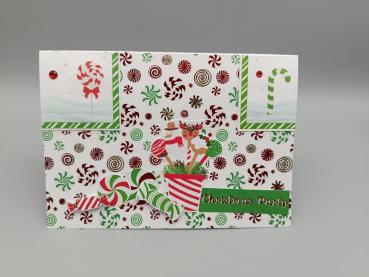 Weihnachtskarte „Christmas Party“ mit Candy-Illustration und Glitzerelementen